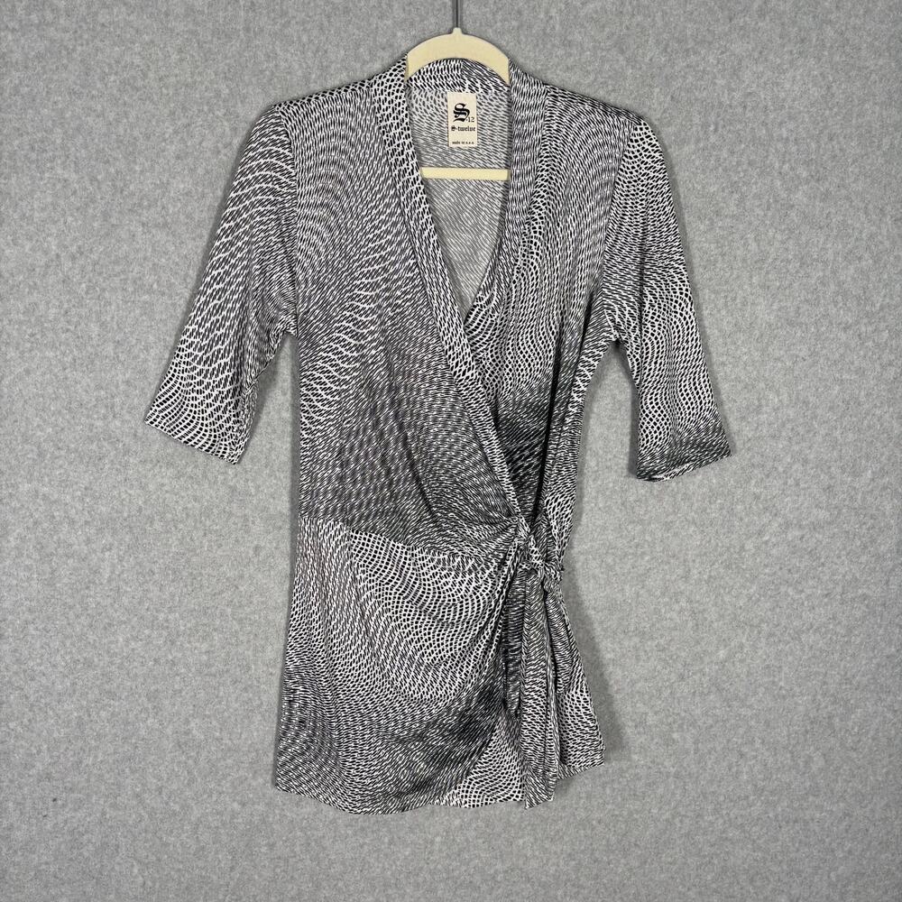 S Twelve Wrap Tunic Top Large Black Waist Tie Slinky Knit Abstract Career Office